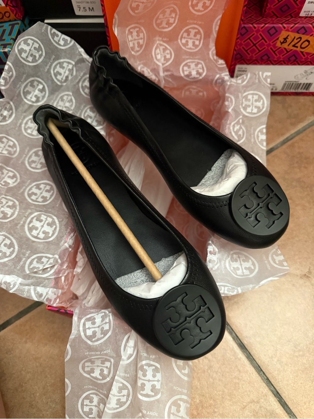 Tory Burch Black Leather Logo Round-Toe Ballet Flats